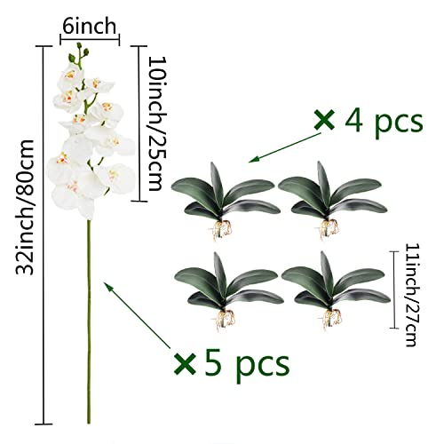 HinyoCo 5 Pcs Artificial Orchid Flowers and 4 Bundles Leaves, Artificial Phalaenopsis Flowers 32 Inch Stem Plants for Home Wedding Decoration (White) - color: White