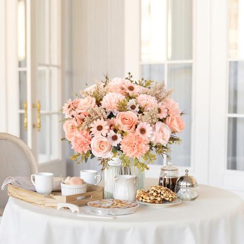 Dremisland Artificial Flowers Like Real Artificial Bouquet 2 Packs Silk Artificial Roses Bouquet with Daisy Chrysanthemum Champagne Flowers for Centerpiece Table Wedding Party Home Decor - color: Champagne, size: 2PCS