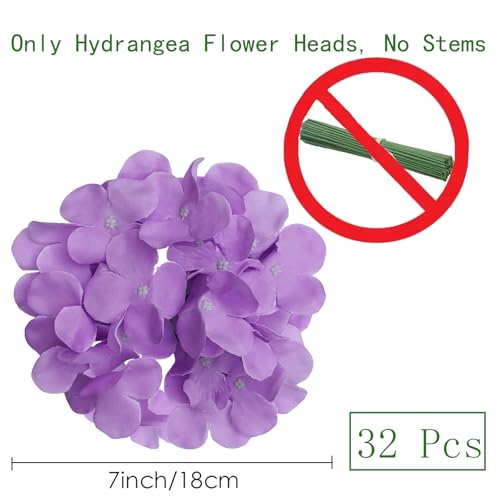 HinyoCo 32 Pcs Silk Hydrangea Artificial Flowers Hydrangea Heads No Stems, Used for Home Wedding Party Decoration (Purple) - color: Purple