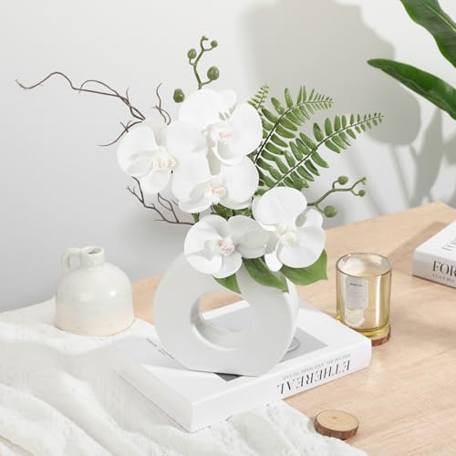 Briful Orchid Artificial Flowers 16.1'' White Orchid Silk Flowers with Ceramic Vase Faux Orchid Arrangement for Home Office Table Centerpiece Indoor Decoration - color: White