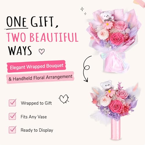 Preserved Flowers Bouquet with Bear, 3 Real Forever Flowers for Delivery, Long-Lasting Sweet Pink Eteranl Roses Bouquet, Anniversary Birthday Gifts for Women Mom Her Girlfriend Wife - color: Soft Pink