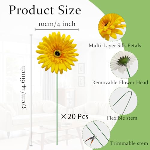 20 Pcs Fake Silk Gerbera Daisy Artificial Flowers with Stems Faux Daisies Flower Bulk for DIY Art Crafts Home Wedding Party Vase Centerpieces Tables Garland Wreath Decoration (Yellow) - color: Yellow