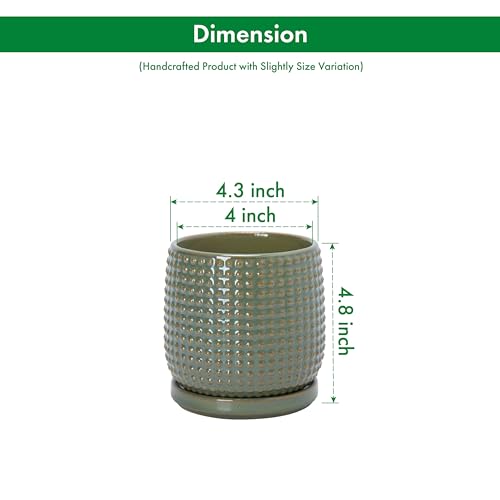 D'vine Dev 4 Inch Ceramic Beaded Stoneware Planter Pot - Flower Pot with Drainage Holes and Saucers for Indoor Succulent Plants or Flowers, Olive, 27-C-Z-0 - color: Olive, size: 4.3 Inch
