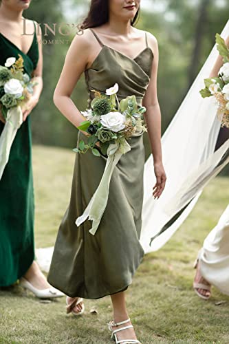 Ling's moment Artificial Flowers Green Bridesmaid Bouquet Set of 6, Emerald Beige Wedding Flowers Bouquets for Bridesmaids, 7 Inch Bridal Bouquets for Bridesmaids, Wedding, Ceremony, etc - color: Grn-emerald & Tawny Beige