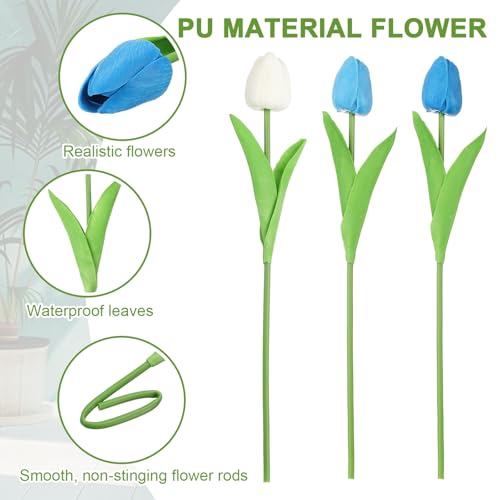 uxcell 20pcs Tulips Artificial Flowers, Faux Flowers Silk Fake Tulip Stems Real Touch for Wedding Bouquet Centerpiece Table Party Decoration(Blue, Sky Blue, Pure White) - color: Blue, Sky Blue, Pure White