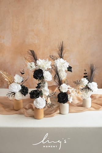 Ling's moment Fake Flowers Box, Faux Artificial Greenery Stems Foam Roses Silk Dahlia Hydrangea Eucalyptus Fabic Flower for Centerpieces Bouquet Wedding Vase, White & Black & Golden, Deluxe Combo - color: Wht-white & Black & Golden, size: Deluxe