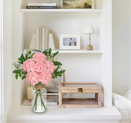 Hollyone Pink Hydrangea Artificial Flowers in Clear Glass Vase with Faux Water Silk Hydrangeas Fake Flowers Floral Arrangement for Home Bathroom Kitchen Office Table Centerpiece Shelf Decorations - color: Pink
