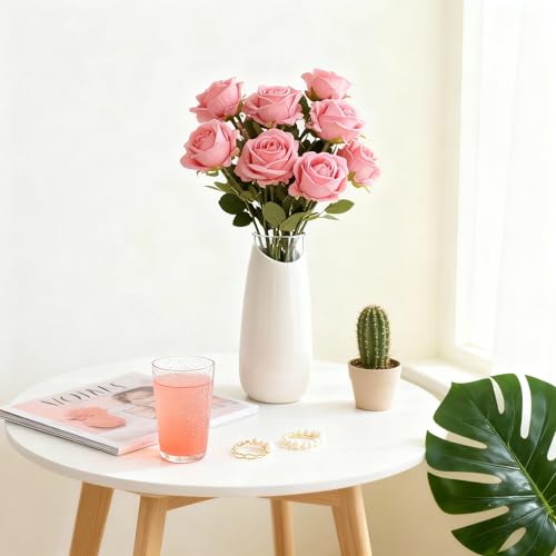 Kenpal Realistic Fake Roses Artificial Flowers with Stem for Decoration Floral Arrangement Centerpieces Wedding Bouquets (10, Coral Pink) - color: Coral Pink