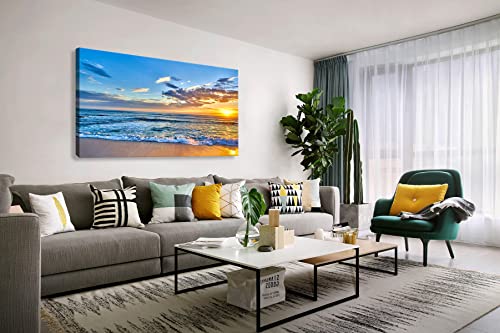 Aibonnly Wall Art Canvas Painting Seaside Sunset over the beaches 1 Piece blue sea view Ocean Picture Poster Print Framed and Stretched Ready to Hang for Living Room Bedroom Kitchen Office - color: Blue, size: 40"L x 20"W