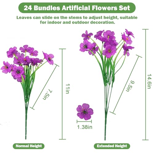 Nepfaivy Artificial Outdoor Flowers Purple - 24 Bundles Fake Flowers for Outside Uv-Resistant, Real Look Silk Faux Flowers for Outdoor Planters, Realistic Plastic Flowers for Garden Porch Patio - color: Dark Purple