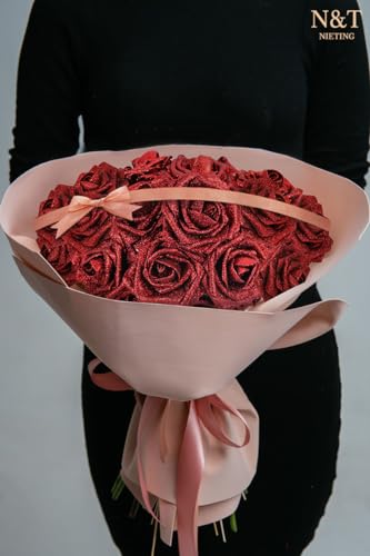 N&T NIETING Artificial Flowers Glowing Red Flowers Foam 50pcs Glitter Roses Real Touch Fake Roses with Stem for DIY Wedding Bouquets Centerpieces Bridal Shower Party Tables Home Decorations - color: Glitter Red, size: 50pcs