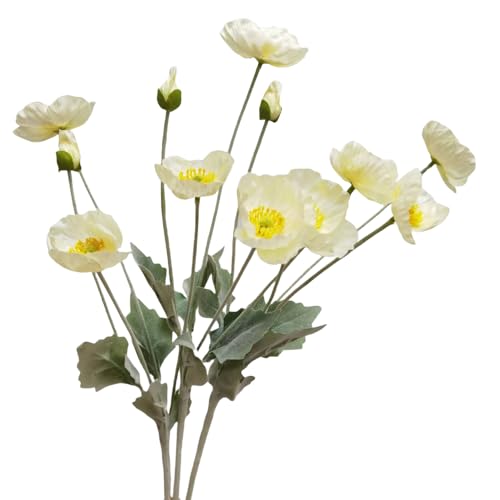 3Pieces White Poppies Flowers Artificial,23"Ranunculus Artificial Flowers,Silk Flowers with Stems,Faux Flower Stems for Wedding,Party,Garden Outdoor Indoor Decor Flower Arrangements for Table (White) - color: White