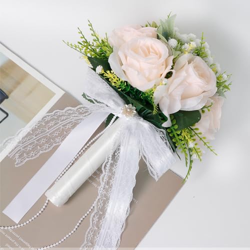 Faylapa Wedding Bouquets for Bride Bridesmaid, 7.87 Inch Champagne Artificial Roses Flowers for Wedding Valentine's Day Church Home Decoration - color: Champagne, size: 7.87 inch rose bouquet