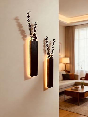 Artificial Eucalyptus with LED Lights Wall Planters Rustic Wall Decor with Lights Fake Vines for Home Decor Bedroom Living Room Bathroom Hanging Vase for Dried Flowers Faux Plants (Black)
