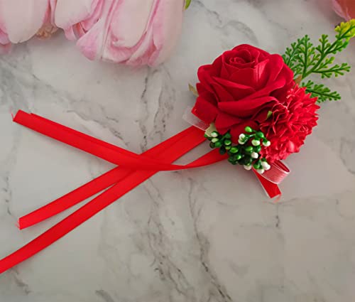 Jilukibo Red Corsage and Boutonniere Set Prom Suit, Artificial Rose Flower Bridesmaid Wrist Corsage Wristband for Groom Groomsmen, Bride Bridal Hand Ribbon Bracelet for Wedding Party Decor (2 Pack)