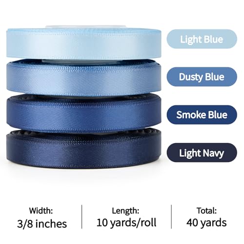 Mauproy 3/8 Inch Dusty Blue Satin Ribbon, 4 Rolls Total 40 Yards, Double Faced Mixed Blue Thin Fabric Ribbon for Gift Wrapping, Flower Bouquets, Crafts, Wedding, Father's Day Decorations - color: Dusty Blue