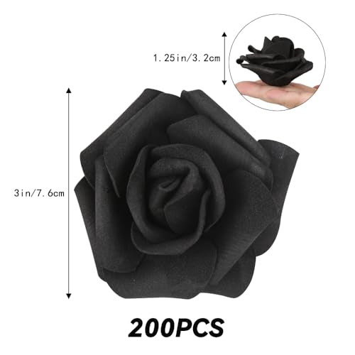200pcs Black Artificial Foam Rose Flower Head, 3-Inch Fake Flower Heads Stemless Flowers for DIY Crafts,Wedding Bouquets Centerpieces Arrangements Party Baby Shower Home Decor (Black) - color: Black, size: 200PCS