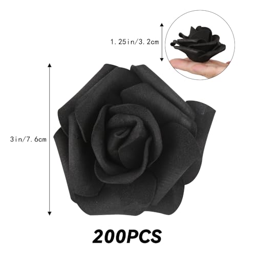200pcs Black Artificial Foam Rose Flower Head, 3-Inch Fake Flower Heads Stemless Flowers for DIY Crafts,Wedding Bouquets Centerpieces Arrangements Party Baby Shower Home Decor (Black) - color: Black, size: 200PCS