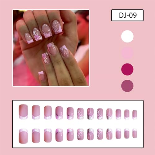 24Pcs Pink French Tip Press on Nails Short Square Fake Nails Spring Cherry Blossoms with Line Design Nude Pink False Nails Stick on Nails Full Cover Artificial Glue on Nails for Women DIY Manicure