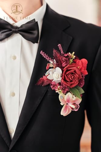TINGE TIME Single Pocket Boutonniere for Man Groom, Best Man Boutonniere for Wedding, Prom, Homecoming, Anniversary, Graduation, Christmas Dinner(Burgundy) - color: Burgundy