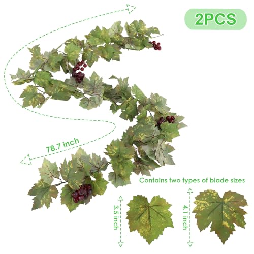 Artificial Grape Vine Leaf Garland Plant with 5 Strings Grapes, 6.5ft Artificial Fake Grape Vines Fake Greenery for Wedding Party Home Indoor Outdoors Decoration (2, Summer Leaf Garland) - color: Summer Grape Leaf Garland
