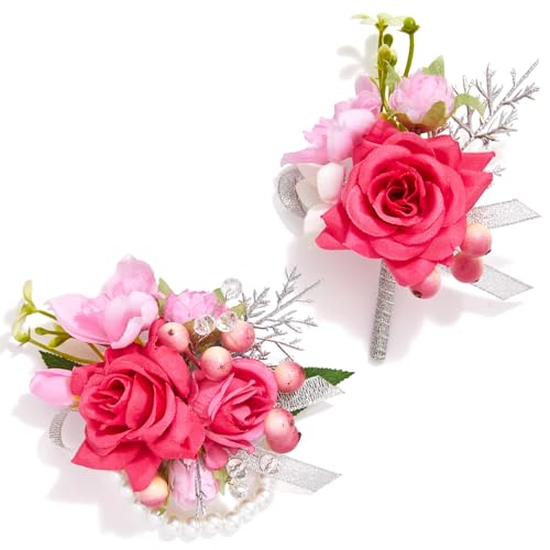 Serwalin Hot Pink Corsage and Boutonniere Set, Artificial Silk Rose Wrist Corsage Wristlet and Boutonniere Set for Prom, Homecoming, Wedding, Anniversary Party Prom Suit Dress Flower Accessories - color: Hot Pink, size: 1 Boutonniere & 1 Wrist Corsage - 2