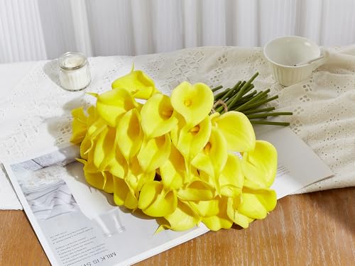 24 Pcs Yellow Artificial Calla Lily Flowers Fake Yellow Silk Flowers Real Touch for Wedding Bouquet Office Home Kitchen Decor - color: Yellow