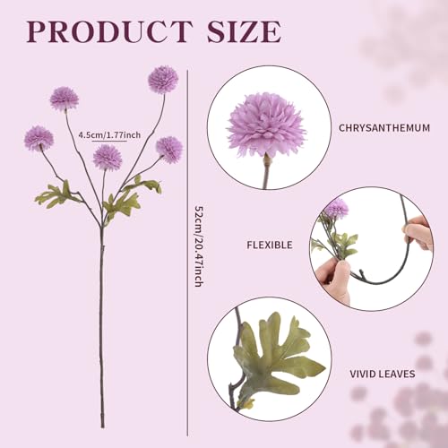 DuHouse 6pcs Artificial Flowers Faux Silk Pompon Mum,Silk Small Mini Chrysanthemum Ball with Stems for DIY Bouquets Centerpieces Vase Home Table Kitchen Decorations(Purple) - color: Purple, size: 6pcs