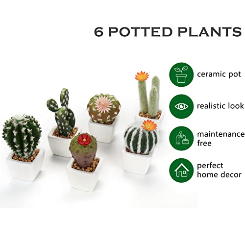 Oairse Mini Artificial Cactus Plants in Ceramic Pots 6 Pcs Potted Faux Succulents in Pots Fake Potted Plants Cactus Decor Small Artificial Plant for Home Decor Indoor Office Desk Tabletop Shelf - color: White