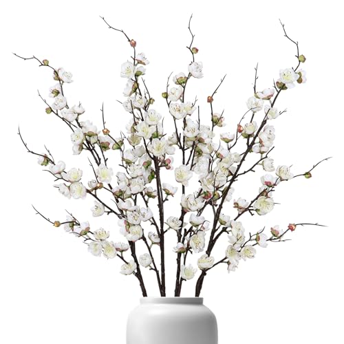 Betylifoy 4 Pcs Artificial Cherry Blossom Branches 38" Long Stems Faux Plum Blossom Flowers White Fake Flowers for Spring Decor Faux Silk Cherry Stems for Vase Arrangement Home Wedding Table Decor - color: White
