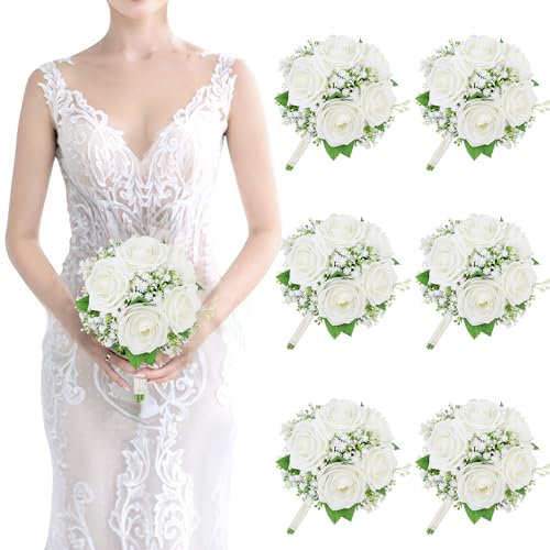 Artificial Bridesmaid Bouquets Set of 6-7 Inch Bridesmaid Bouquets Ivory White Rose Babys Breath Pre-Made Silk Flower Bouquet for Wedding Bridal Shower Centerpiece Ceremony and Anniversary - color: Ivory, size: Set of 6 Bridesmaid Bouquets