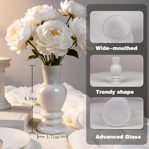 Small White Glass Vase 8 Inch, Modern Farmhouse Bud Vase for Easter Table Centerpiece, Vintage Flower Vase for Fresh or Artificial Flowers, Spring Home Decor, Wedding Party Favors - color: White