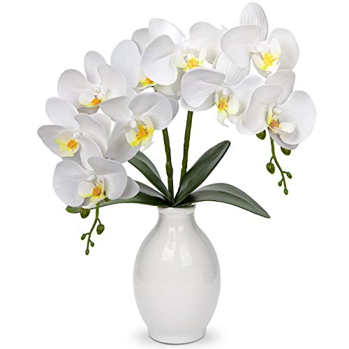 Briful White Orchids Artificial Flowers 16'' Faux Orchids in Ceramic Pot Fake Orchid Arrangement for Home Office Bathroom Tabletop Shelf Living Room Decor Indoor - color: White