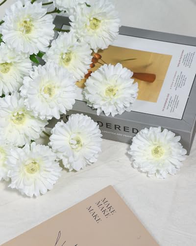 Coferset 6pcs Artificial Silk Mums Flowers Realistic Chrysanthemum Stems 22" Fake Gerbera Daisy for DIY Bouquet Centerpieces Floral Arrangements Vase Fillers Wedding Shower Decorations(White) - color: White