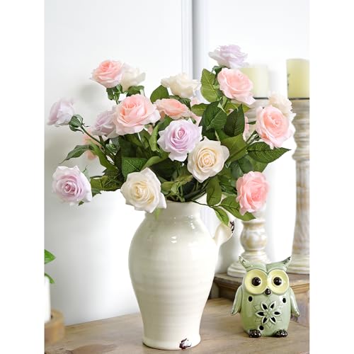 FiveSeasonStuff Real Touch Peach Pink Artificial Rose Stems, 12 Faux Flower Stems for Vase Arrangements, Soft Color Floral Styling - color: Peach Pink