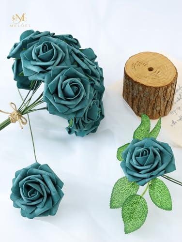 Artificial Flowers 25 Pack Peacock Green Faux Foam Roses with Stems, Real Looking Fake Rose for DIY Wedding Bouquets, Bridal Shower Centerpieces, Party Table Decorations, Home Decor - color: Peacock Green, size: 25Pcs