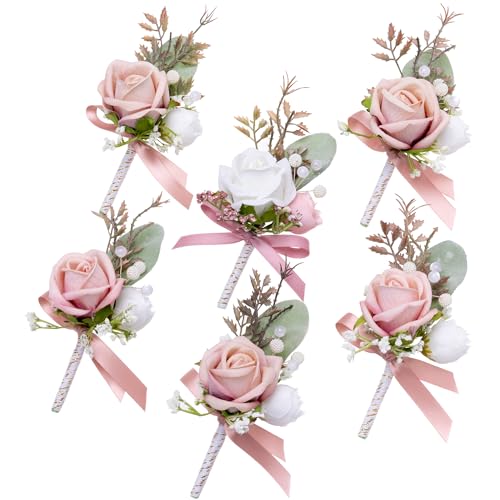 Fnize Pink Boutonniere for Men, 6 Pcs Groom Groomsmen Boutonnieres, Artificial Flowers for Wedding Prom Homecoming - color: Pink