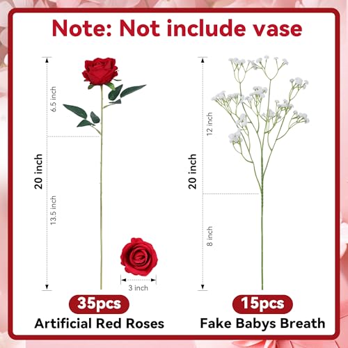 HyeFlora 35 PCS Artificial Red Roses with 15 PCS Fake Baby Breath Realistic Fake Flowers Bouquet with Long Stem for DIY Wedding Party Home Decoration Vase Tables Centerpieces Arrangements Gift for Her - color: 35 Pcs Red Roses With 15 Pcs Baby Breath