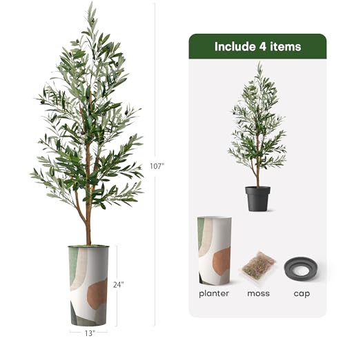 Artificial Tree in Multicolor Textured Geometric Shapes Illustrations Planter, Fake Olive Silk Tree for Indoor and Outdoor Home Decoration - 68" Overall Tall (Plant Pot Plus Tree) - style: Olive Tree