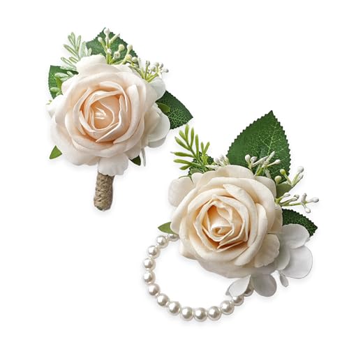 Champagne Rose Corsage and Boutonniere Set Wristlet Corsage for Bride Bridesmaids, Boutonniere for Groom Groomsmen Prom Wedding Flowers Accessories,Homecoming, Anniversary, Graduation (Champagne) - color: Champagne