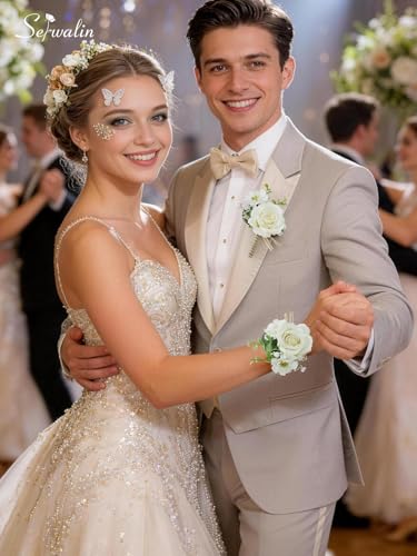 Serwalin Ivory Corsage and Boutonniere Set, Prom Flower Wrist Corsage, Roses Corsage Wristlet and Men’s Boutonniere for Wedding Flowers Accessories Prom Homecoming Suit Decorations - color: Ivory, size: 1 Boutonniere & 1 Wrist Corsage - 2pcs