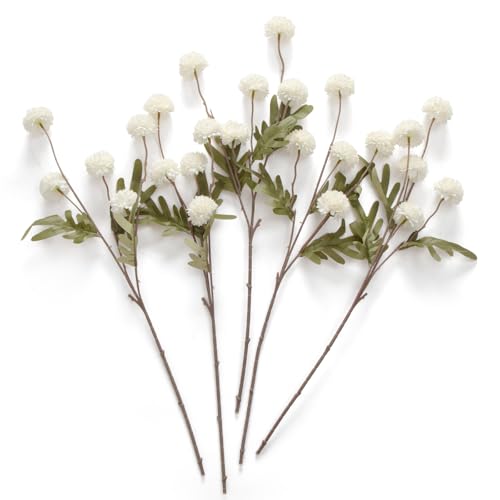 Laelfe Artificial Kiku Flower White - 5 Pcs Fake Pompon Mums Silk Small Chrysanthemum Faux Ball Fall Flower Stem Decor for Autumn Wedding Filler DIY Bouquet Centerpieces Arrangements Shower - color: Off White