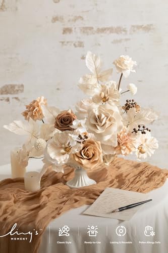 Ling's moment Fake Flowers Box, Faux Artificial Greenery Stems Foam Roses Gardenias Silk Orchids Fabic Flower for Centerpieces Bouquet Wedding Vase Floral Decorations, Tawny Beige, Deluxe Combo - color: Beg-tawny Beige, size: Deluxe