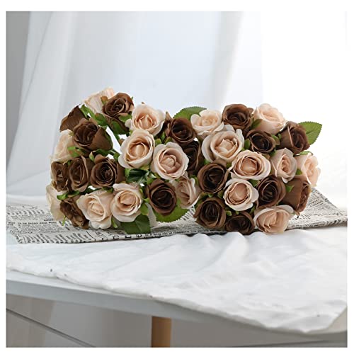 ZMZQ&flw 36PCS Roses Artificial Flowers with Stems Brown Bouquet Cream Beige Silk Fake Flora Home Decoration Bridal Wedding - color: Brown and Beige