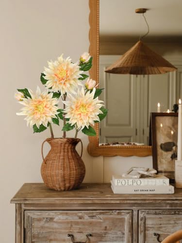Artificial Dahlia Flowers – Set of 3 | 27.9" Tall Real-Touch Silk Dahlia Stems with Large 6.1" Blooms | Lifelike Ivory Faux Flowers for Home Decor, Wedding, Centerpieces & Floral Arrangements - color: Ivory