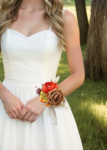 Set of 2 Wrist Corsage Wristlet for Wedding Bridesmaid Mother Grandmother for Bridal Shower Wedding Artificial Roses Flower Prom Burnt Orange Cream Yellow - color: Burnt Orange