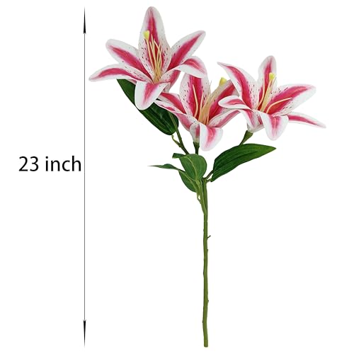 Pink Lilies Artificial Flowers,6 Pcs Faux Lily Flowers,23 Inch Long Stem Tiger Lily Branch with 3 Full Blooms and 4 Leaves, Latex Real Touch Lilium Flower for Wedding Bouquet (6, Pink) - color: Pink