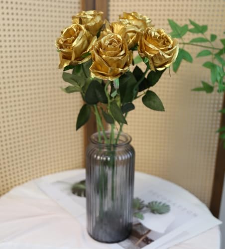 IPOPU 6PCS Gold Silk Lop-Sided Rose Artificial Flower with Long Stem Fake Leaf Roses, Artificial Long Stem Fake Roses Suitable for DIY Wedding, Home Decoration and Outdoor Party. - color: Gold