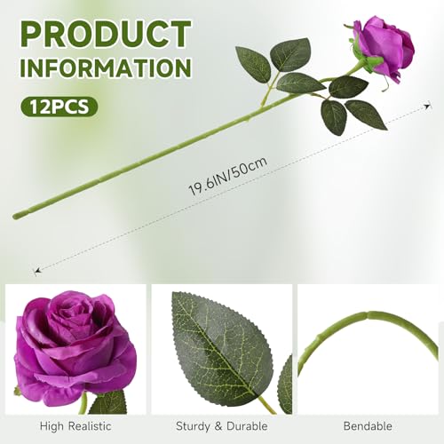 Tifuly Purple Roses Artificial Flowers - 12 pcs Realistic Single Long Stem Fake Silk Roses Bouquet for Party Home Wedding Centerpiece Office DIY Decor - color: Purple