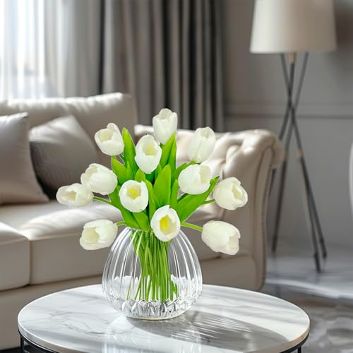 12pcs White Tulips Artificial Flowers Real Touch Silk Fake Flowers Faux Tulip Stems for Wedding Spring Bouquet Floral Arrangement Home Decorations Dining Centerpieces - color: White